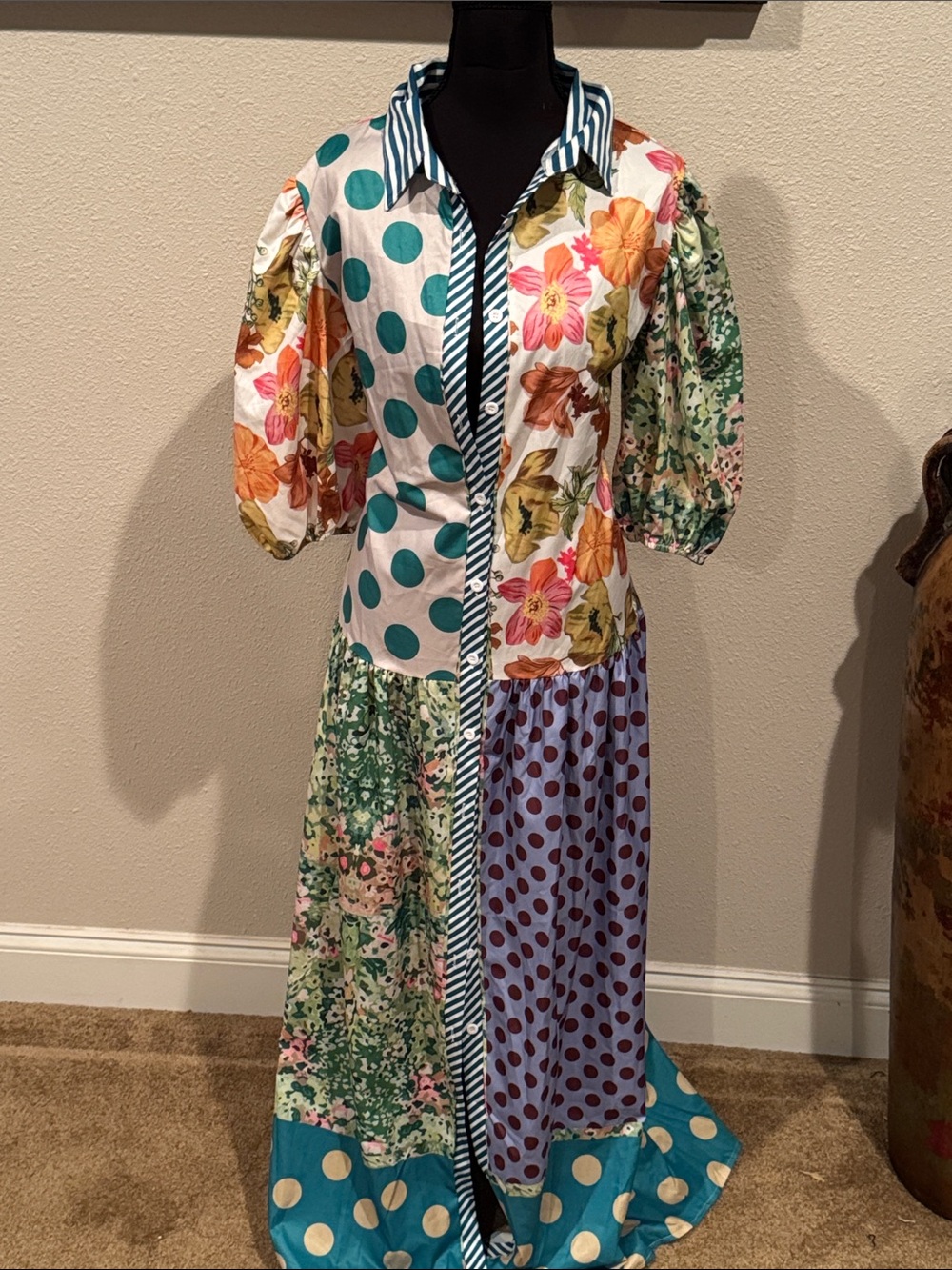 Mixed-Print Maxi Shirt Dress in Teal and Floral Accents